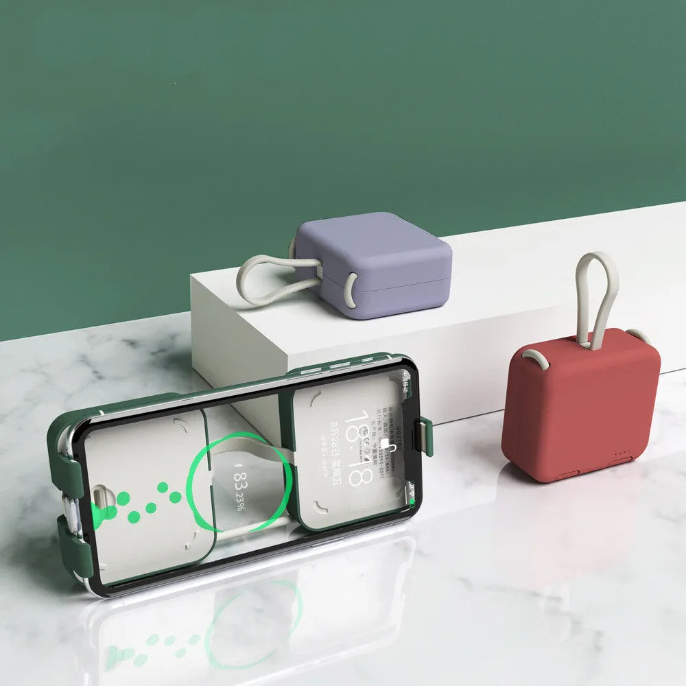 Handbag back clip power bank in blue showing phone stand function and Type-C/Lightning charging ports.