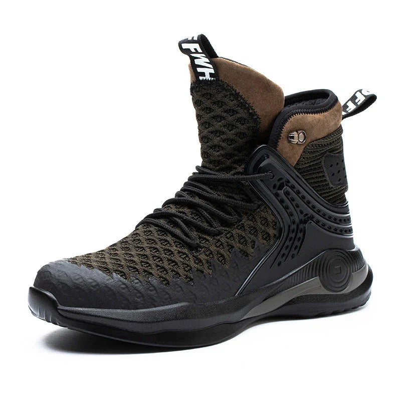 Durable steel toe construction boots for men with puncture-proof design, breathable mesh lining, and shock-absorbing sole