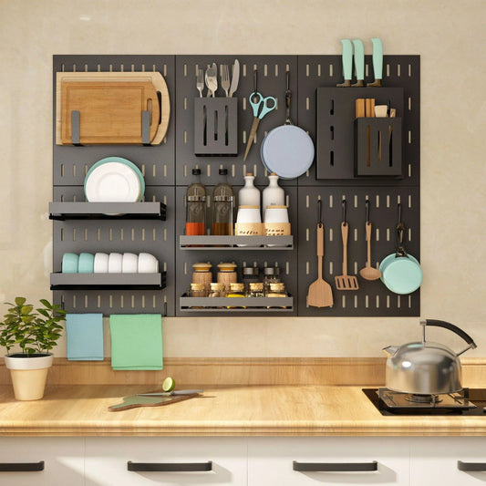 Wall-mounted stainless steel kitchen organiser with multiple storage compartments and hooks