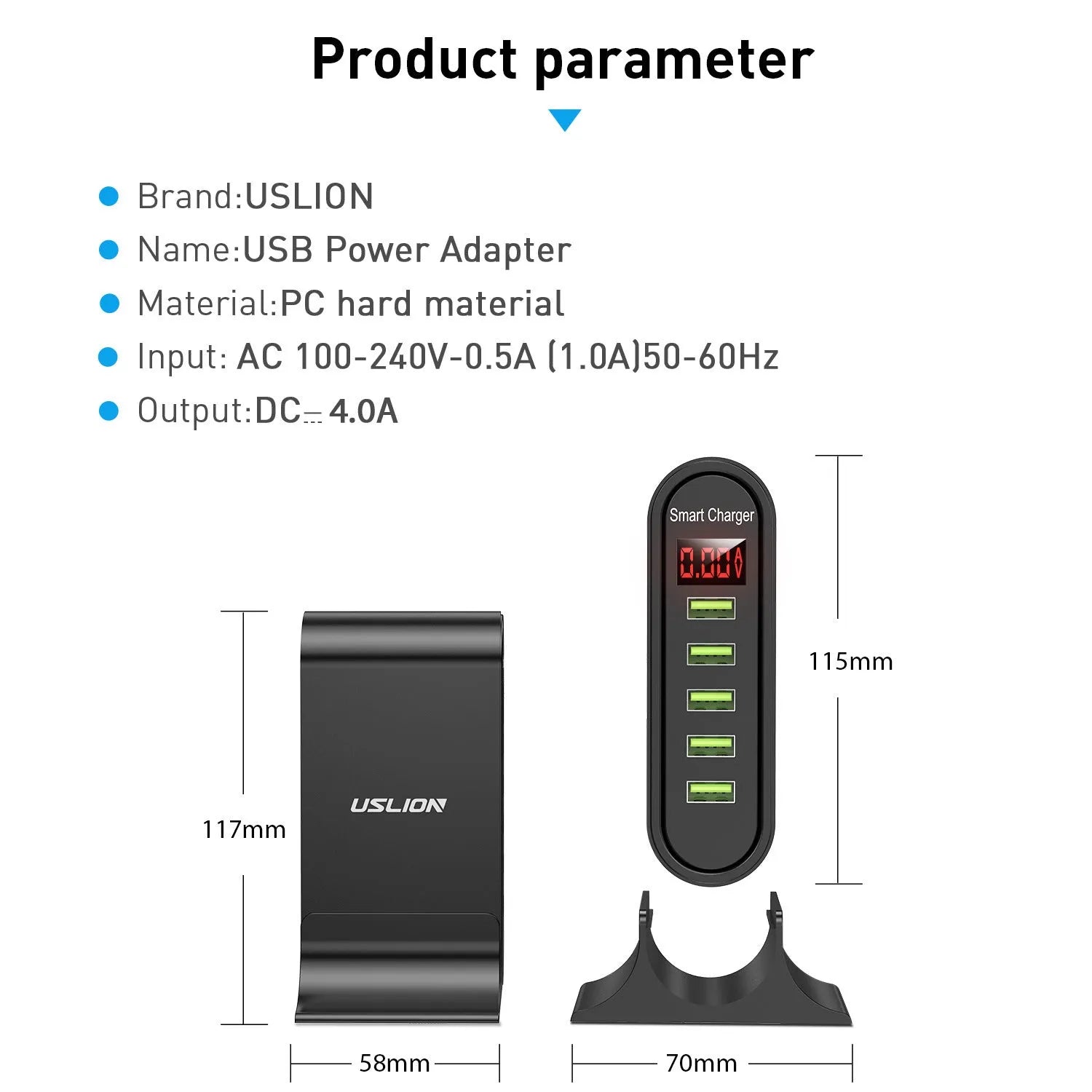 Smart LED digital display travel charger showing 240V input and 5V output with USB interface