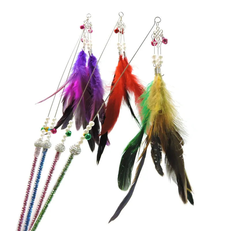 Cat feather wand toy with bells, 70cm full length, plastic and metal rods, random colour