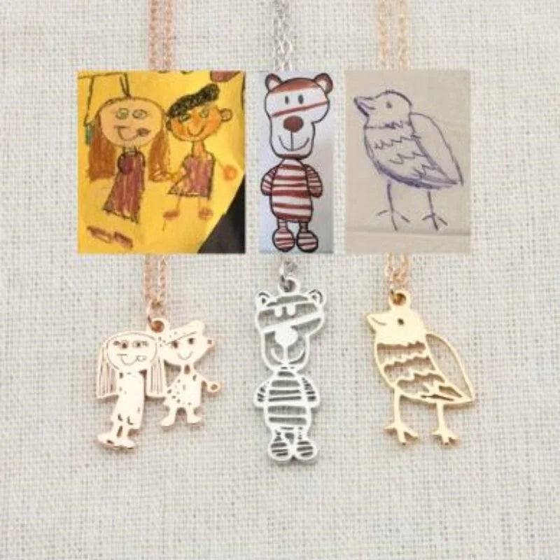 Custom stainless steel children's artwork necklace with gold, silver, and rose gold options