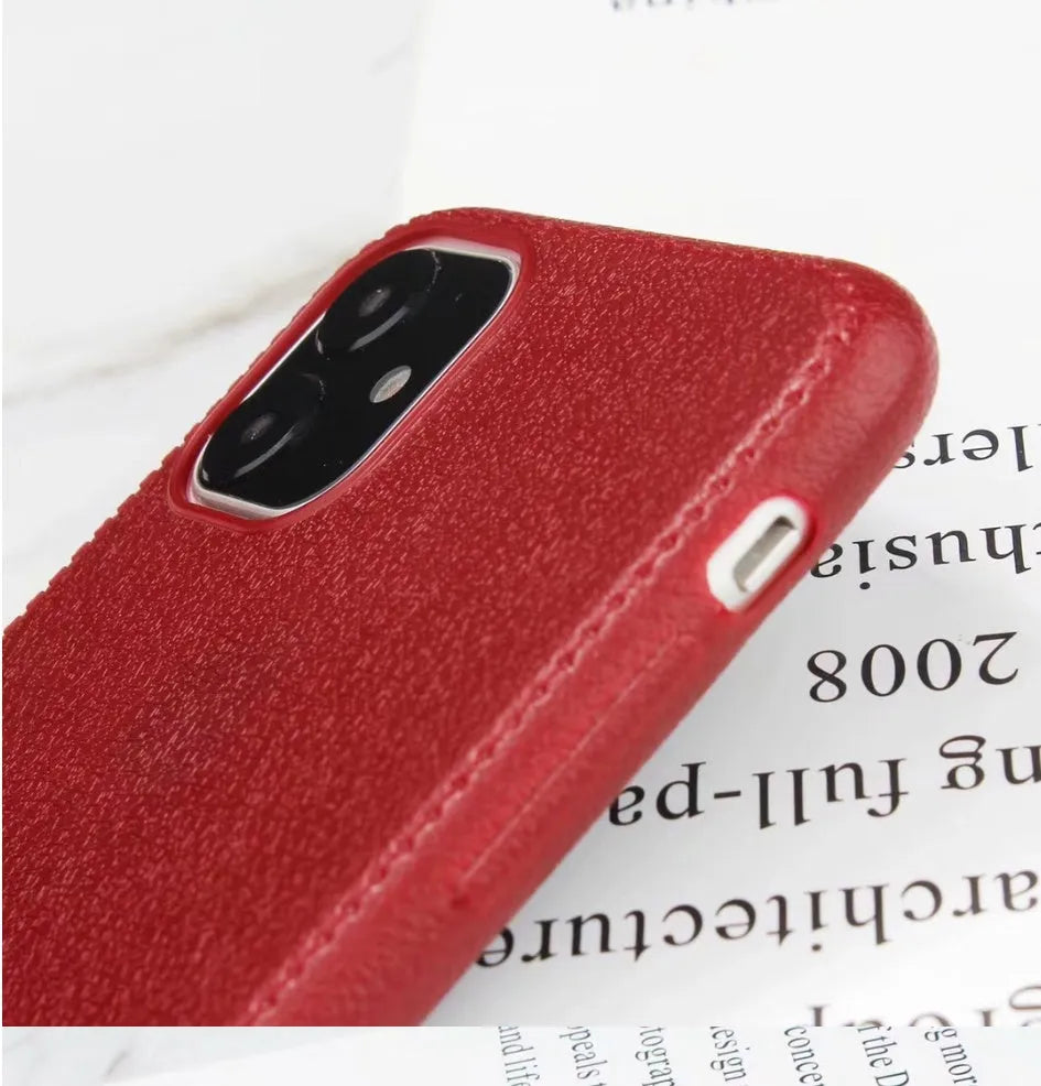 Leather iPhone case with card slot in black, brown, navy blue and wine red colours