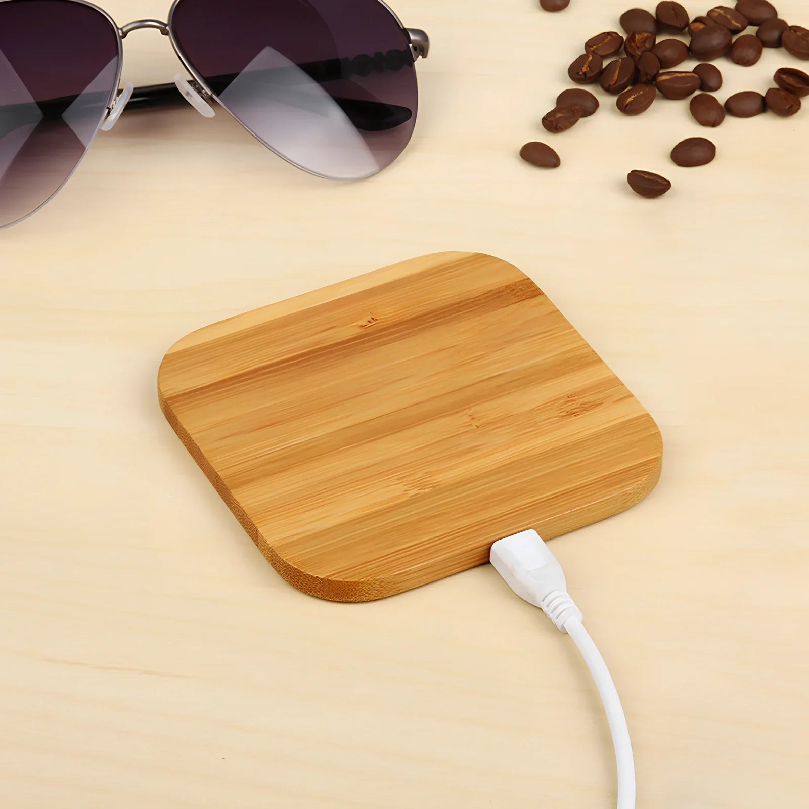 Square wooden bamboo 5W wireless charger in brown, 92x92x8mm with green charging indicator