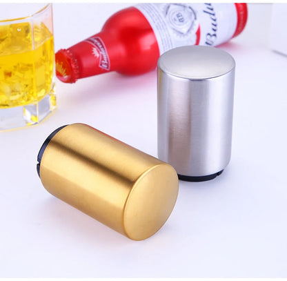 Stainless steel magnetic beer bottle opener with brushed metal finish