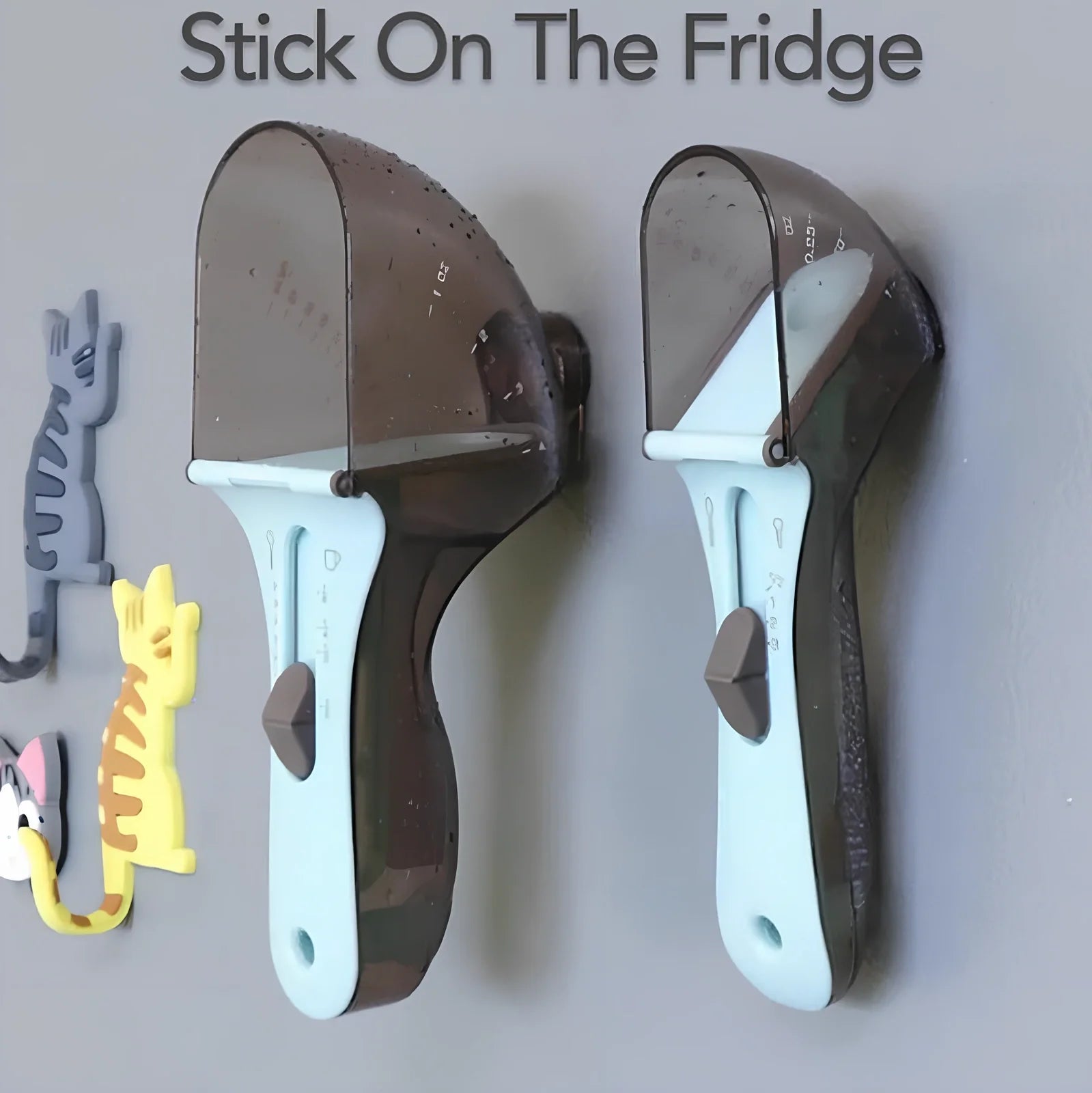 Blue adjustable measuring spoons with magnetic base showing measurement markings from 5ml to 130ml