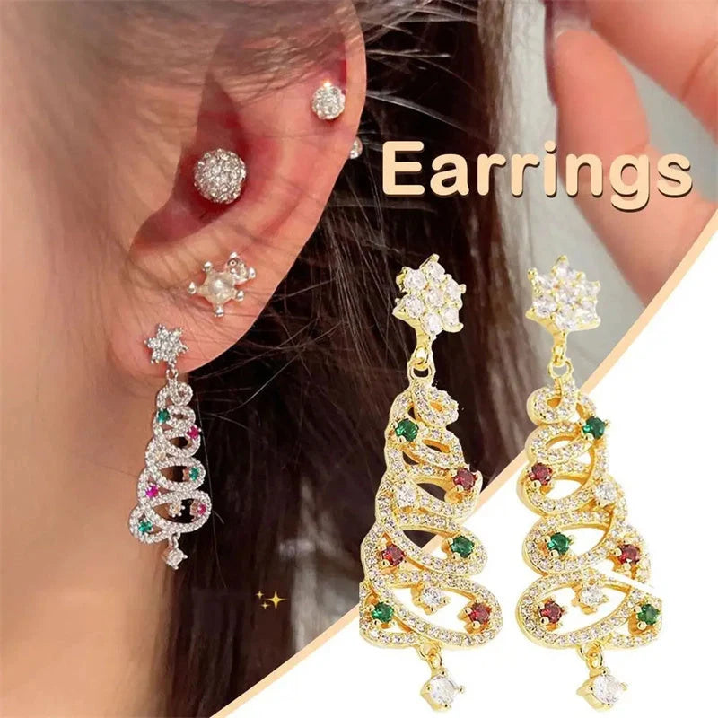 Festive Christmas tree tassel earrings with colorful zircon inlays