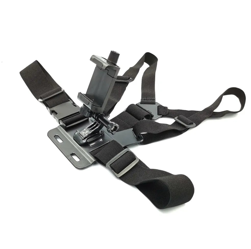 Chest strap holder with plastic clip and adjustable nylon straps for mobile phone or sports camera mounting