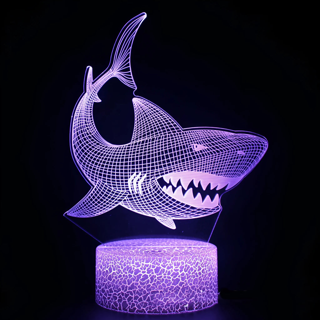 3D shark-shaped LED table lamp with touch control base and remote for 16 colours