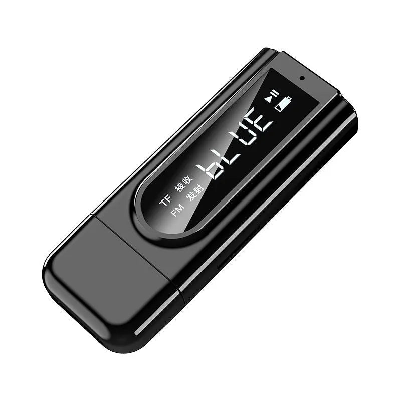 Black USB car FM Bluetooth receiver with USB and AUX ports for wireless music streaming.