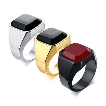 Men's geometric stainless steel black agate ring in silver, gold, red, and black