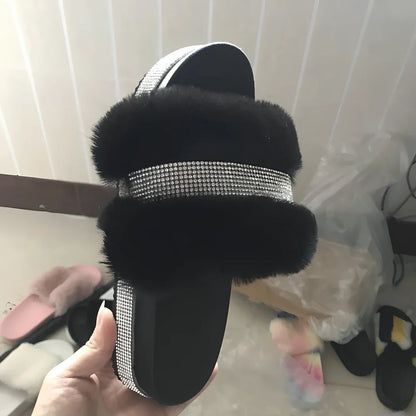 Women's bling reversible fur slide slippers in black with 6-8cm wedge heel, rhinestone accents, and non-slip sole