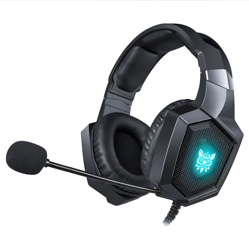 Black wired gaming headset with luminous LED lights and 3.5mm plug for PC computers