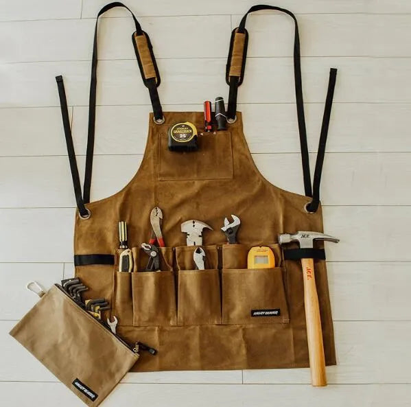 Yellow leather webbing work apron with multiple tool pockets and adjustable straps
