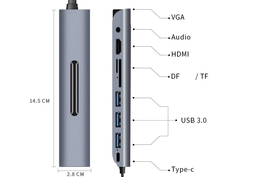 9-in-1 USB C hub docking station in space grey aluminium alloy with round-wire cable