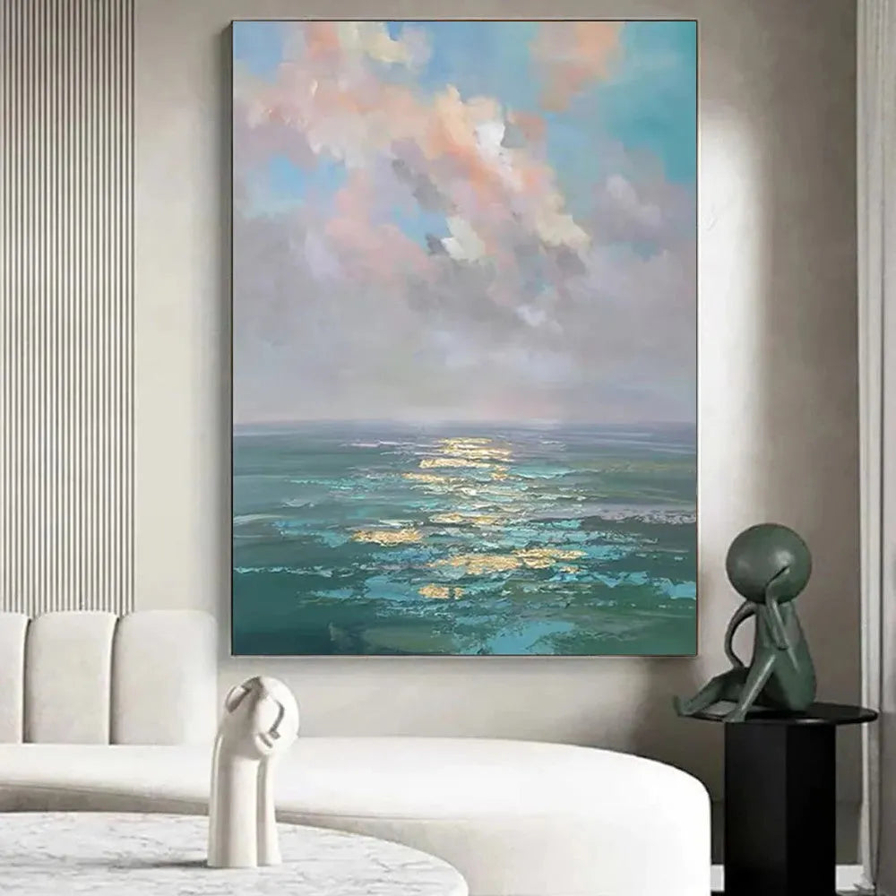 Handmade oil painting canvas abstract ocean landscape modern wall art for home decor, rolled frameless unstretched