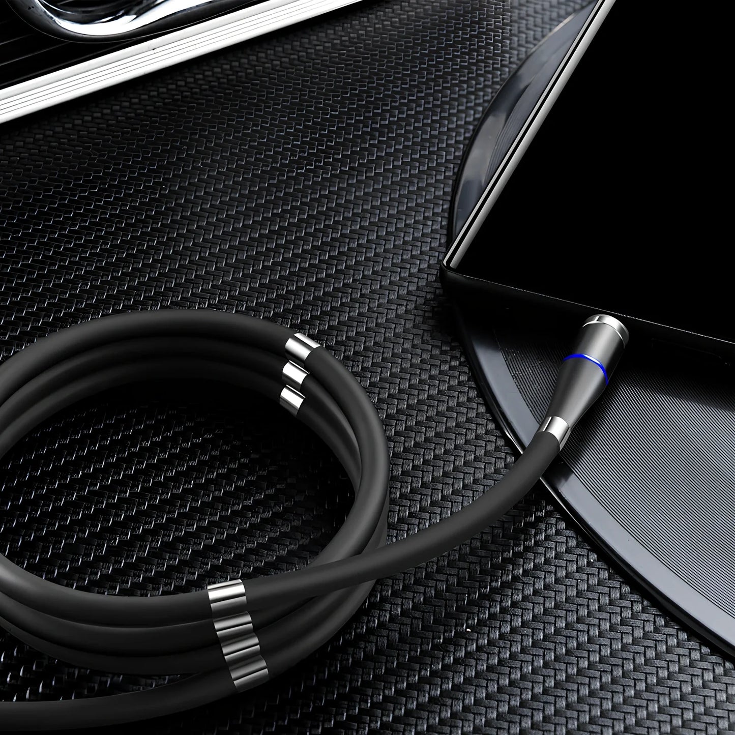 Black 3A magnetic fast charging data cable with Type-C and Apple heads, 1.8m length for iPhone and Android