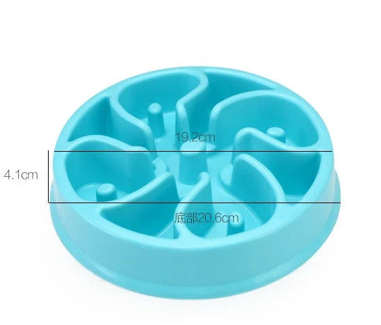 Anti-choke plastic dog bowl in pink, blue, green, and yellow