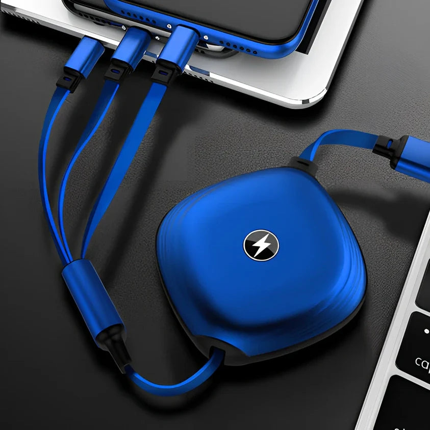 Black 3-in-1 telescopic charging cable extended to 120cm with three titanium alloy connectors for multi-device use