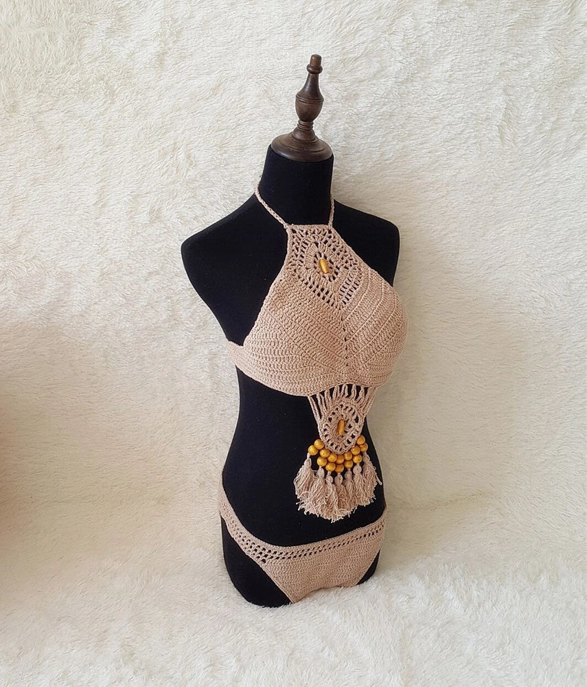 Crochet tassel bikini set with adjustable ties in black, khaki, and white colours showing front and back views