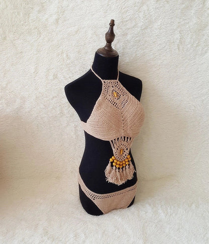 Crochet tassel bikini set with adjustable ties in black, khaki, and white colours showing front and back views