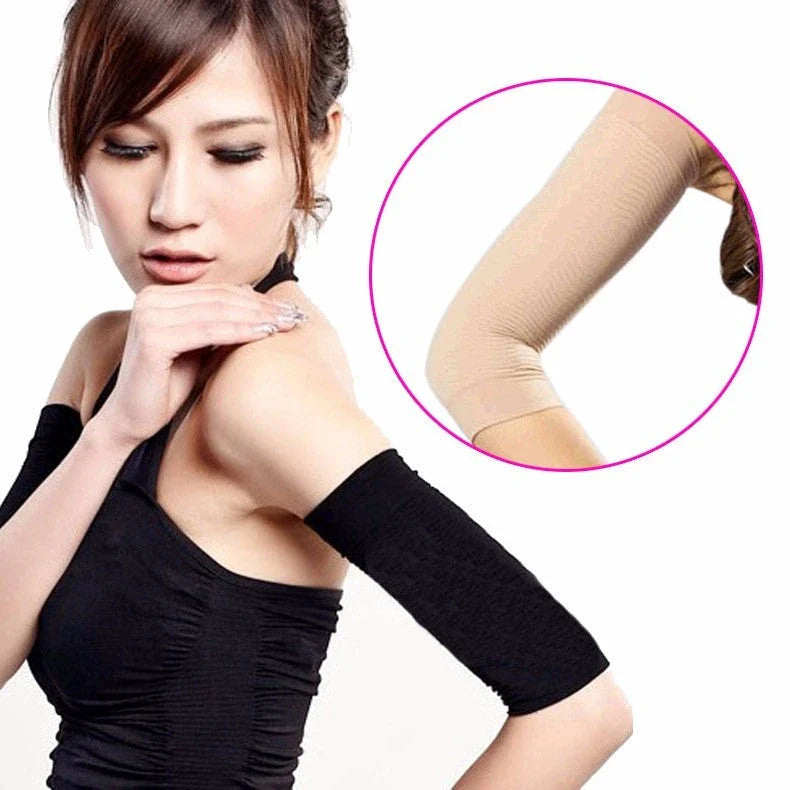 Compression arm shaping sleeves in black and natural colors, designed to slim and sculpt the arms