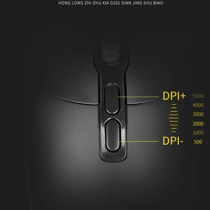 Black wired gaming mouse with nine buttons and four-way scroll wheel on a desk