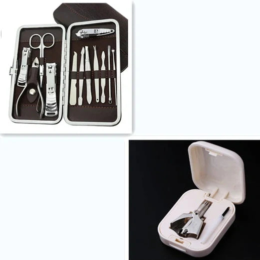 12-piece manicure kit with carbon steel tools including nail clippers and scissors in compact case