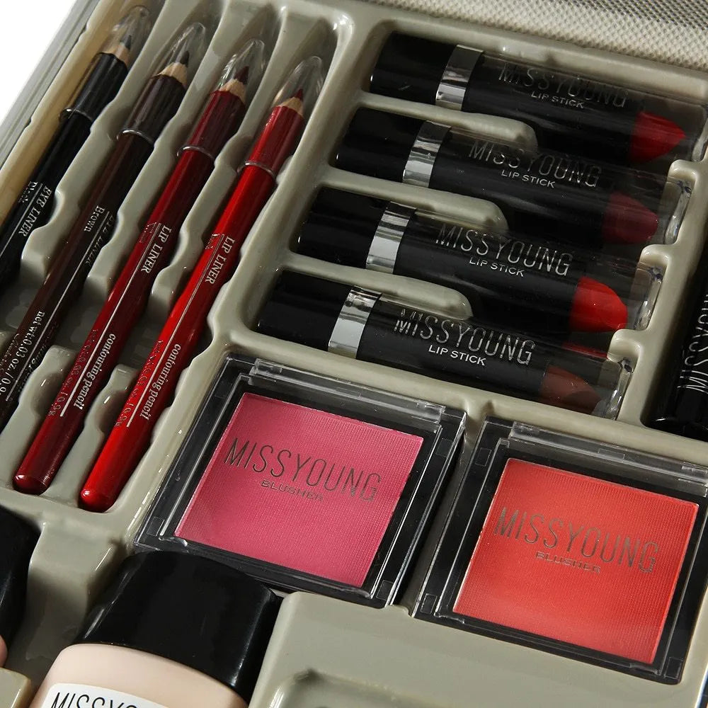 Makeup kit with natural colours including lipstick, eye shadow, foundation, and blush in a 35x26x7.5cm case