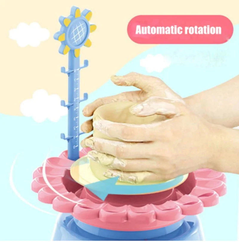 Electric Pottery Drawing Machine DIY Set for kids with clay, paints, and tools