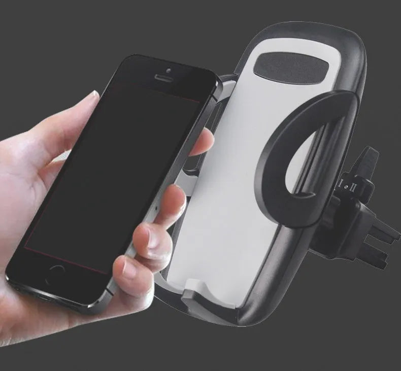 Black universal car air vent mobile phone holder with adjustable plastic clip mount