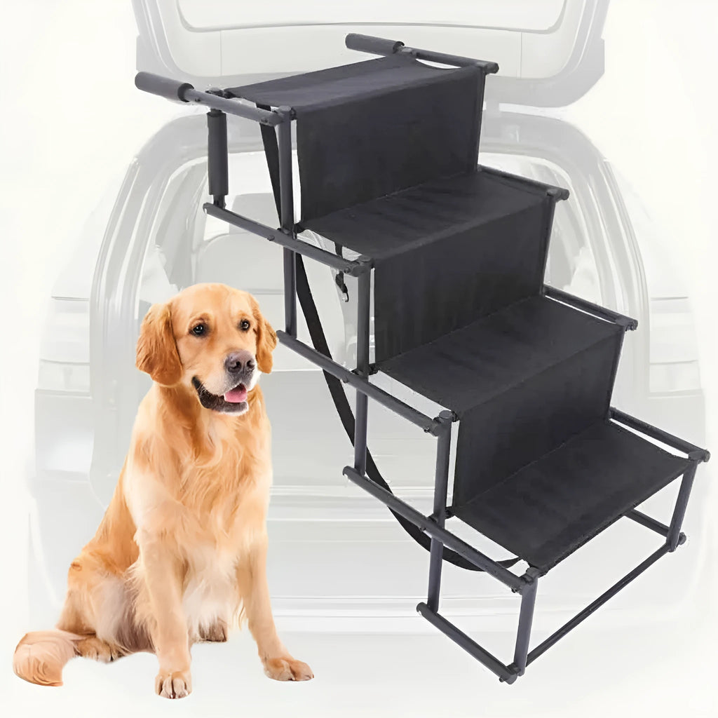 Folding stainless steel dog ladder in choice of colours showing four-step design for vehicle access