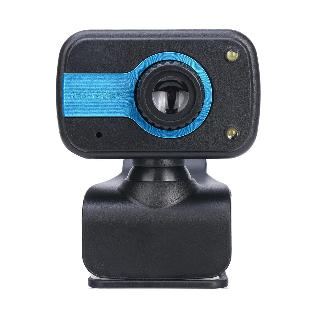 Mini USB webcam with rotating base in blue, red or white colours for PC video calling.