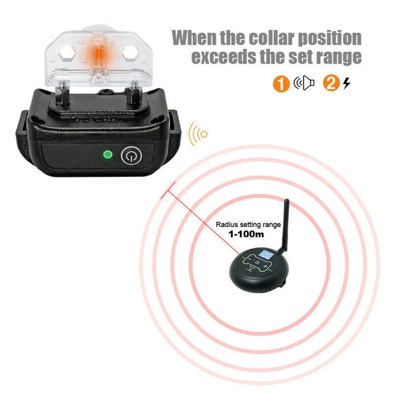 Wireless pet fence transmitter and receiver collar with ABS plastic and TPU construction, IP67 waterproof rating, 150 metre range.