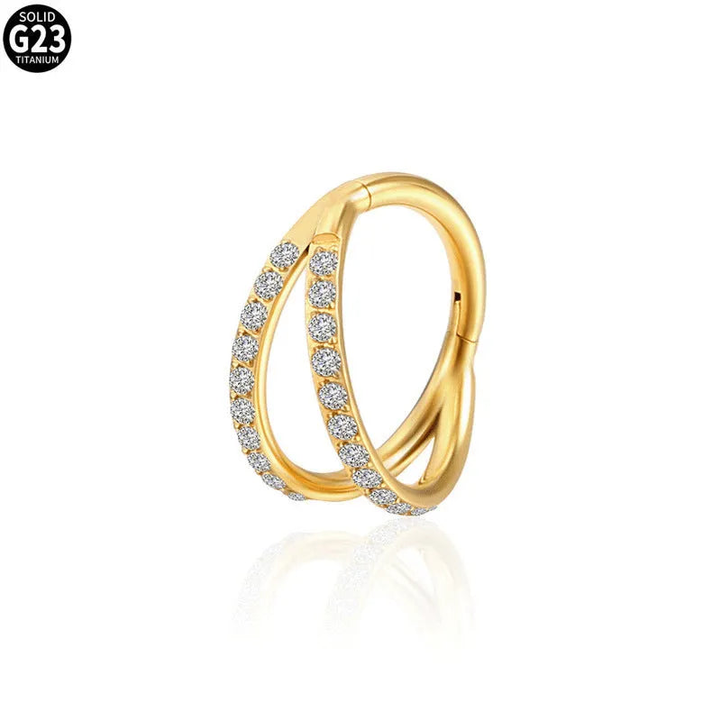 Titanium alloy nose ring with G23 purity and diamond-treated zircon surface in gold or steel colour