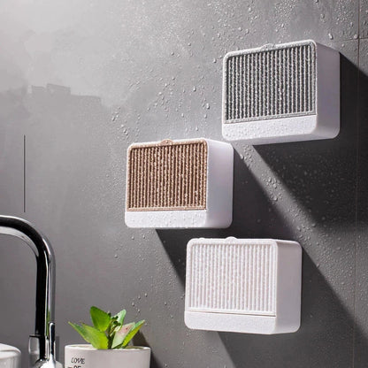 Double grids soap storage box wall mounted with free drain design in white, grey, and khaki