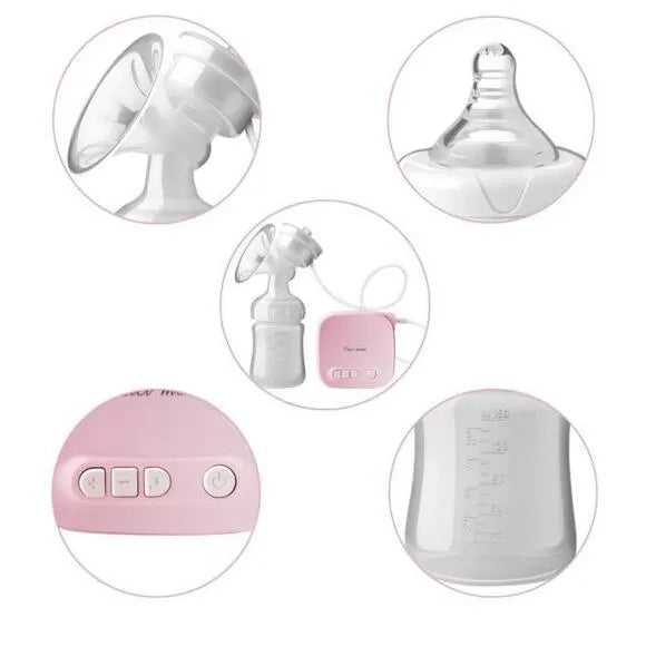 Electric breast pump kit with white 150ml PP bottle and silicone flange on a pink background