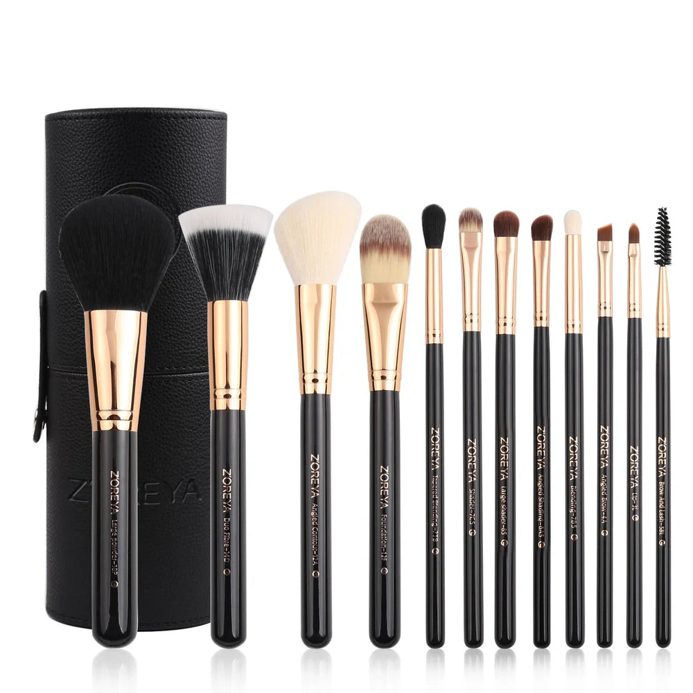 12 synthetic makeup brushes with aluminium handles and wooden accents in cosmetic case