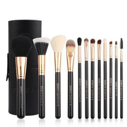 12 synthetic makeup brushes with aluminium handles and wooden accents in cosmetic case