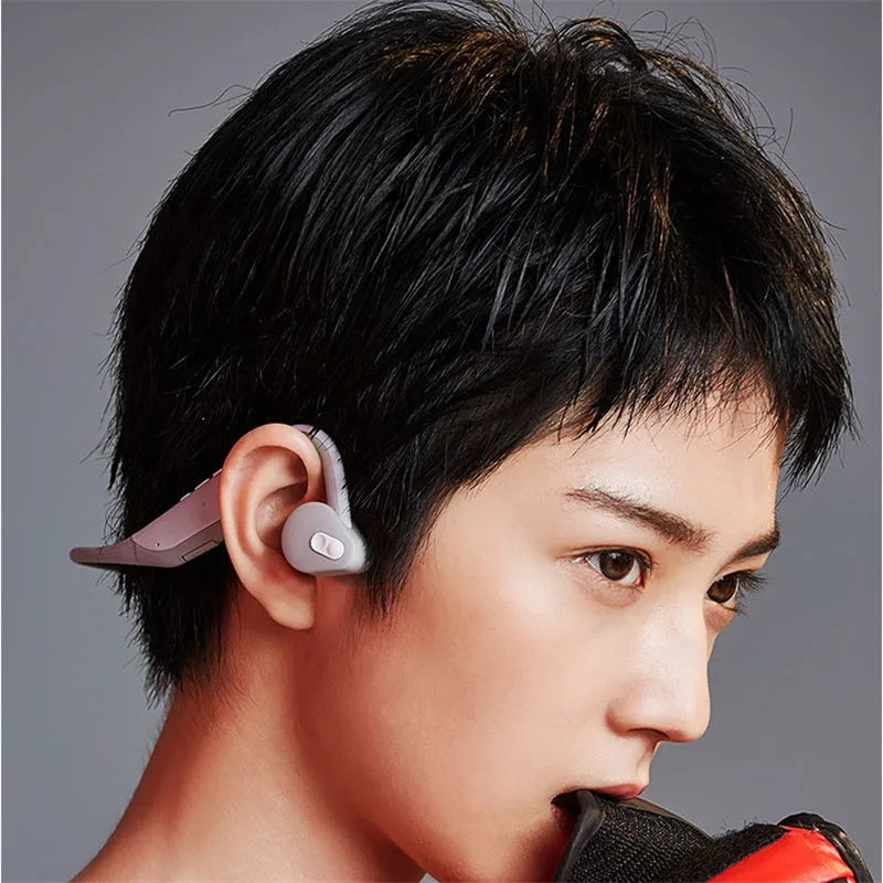 5.0 stereo bone conduction headphones in black, hanging ear design with bilateral drivers