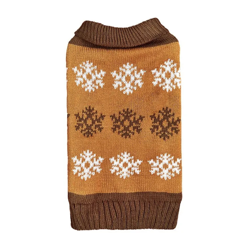 Dog wearing Christmas sweater with snowflake pattern in dark brown and grey colours