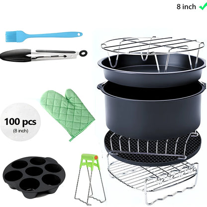 8-inch air fryer accessory set with cake barrel, pizza pan, silicone mat, and safety tools for multi-layer cooking