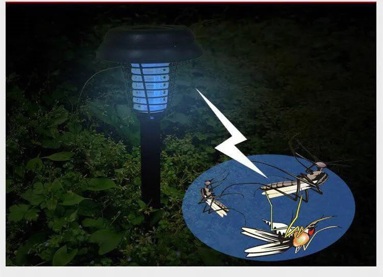 Black solar insect killing lawn lamp with dual white and UV purple lights for garden mosquito control