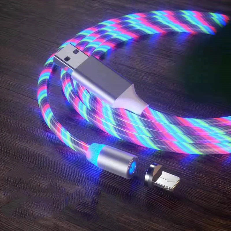 Magnetic charging cable with LED indicator, available in blue, red, green, and colorful options.