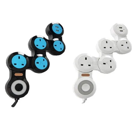 White black UK power strip with five sockets, two USB ports, rotating design and 4m cable