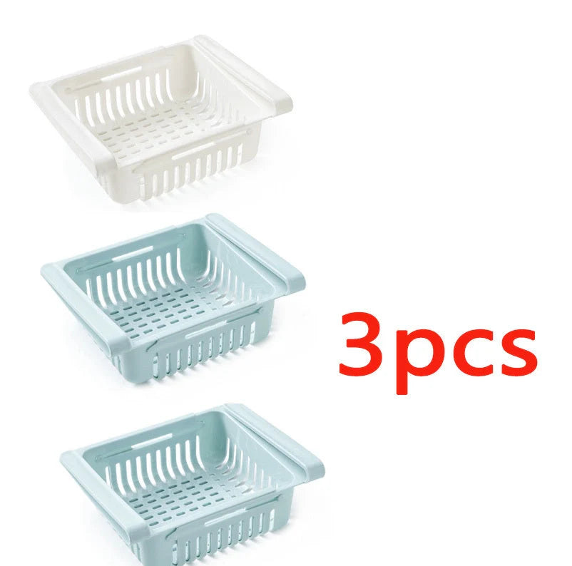 Stretchable refrigerator storage basket in white, blue, pink, and apricot colours