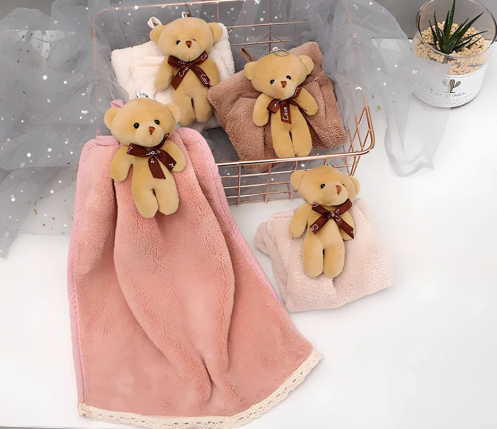 Beige coral velvet dish towel with embroidery, 30cm x 60cm, hanging loop for absorbent drying in kitchen or bathroom