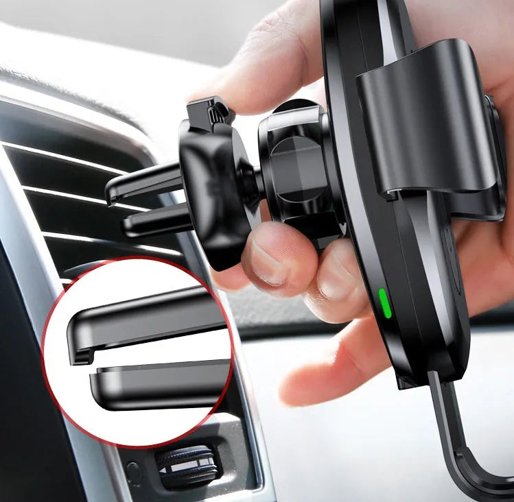 Gravity bracket wireless charging car mount with auto-clamp in black, for Samsung and Apple phones