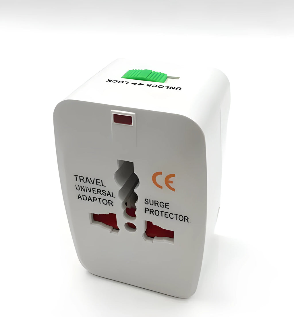 Compact universal travel adapter plug on a white background showing its size and socket.