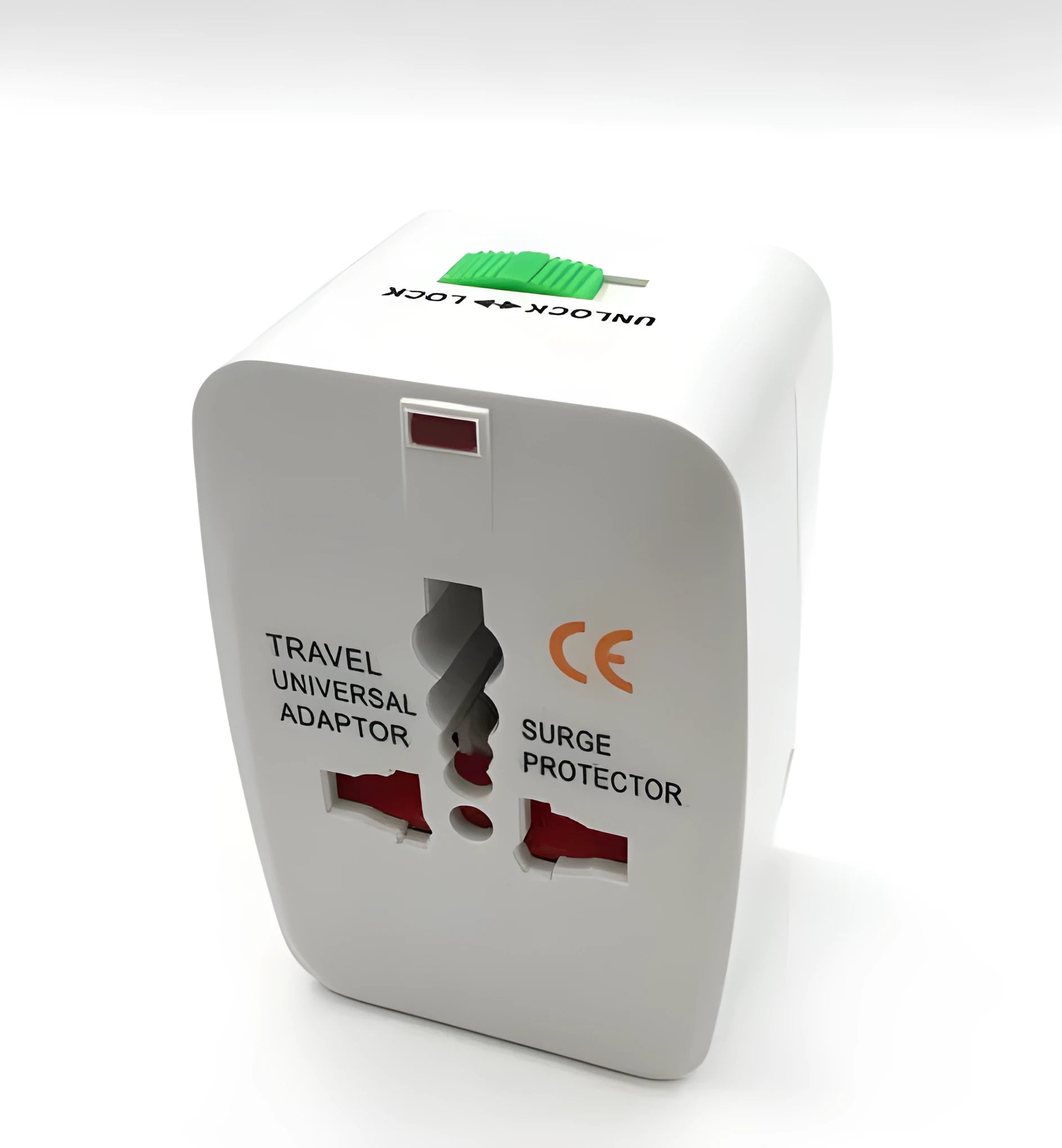 Compact universal travel adapter plug on a white background showing its size and socket.